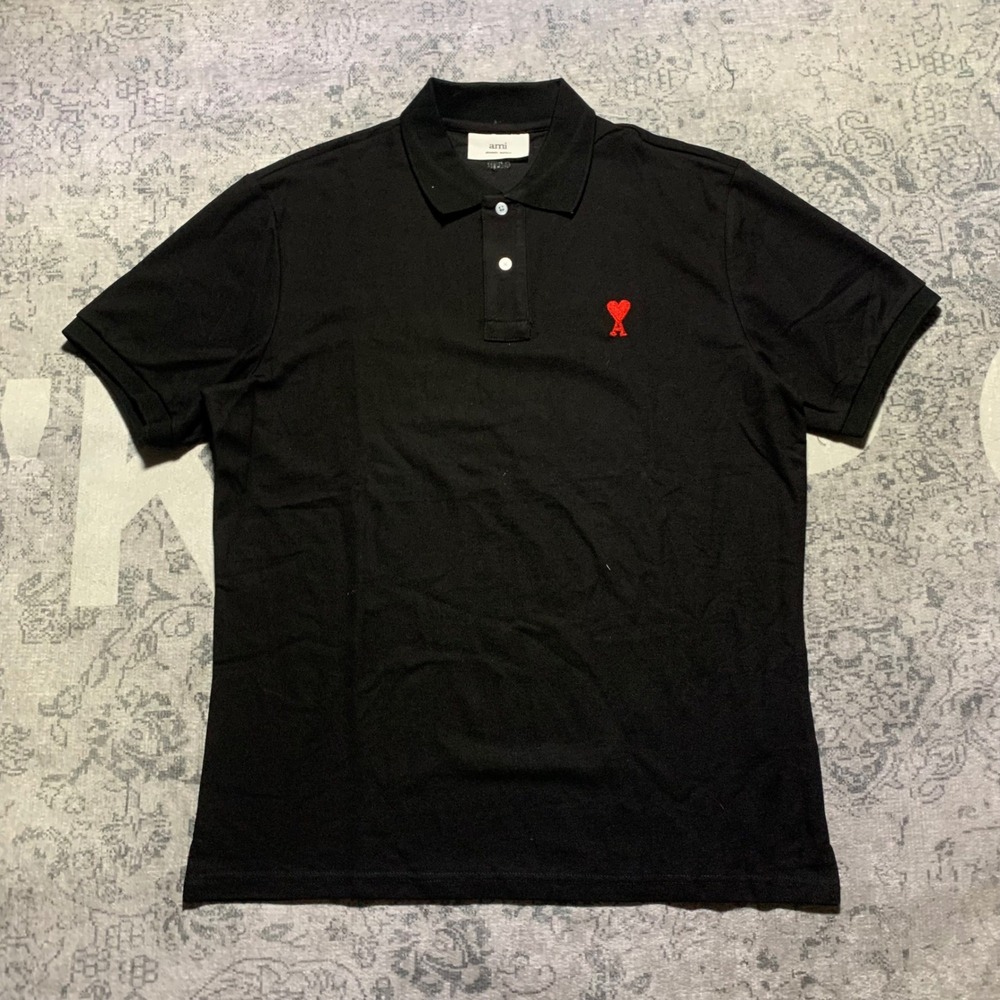 Ami Alexandre Mattiussi Polo Shirt Mens L Black Excellent Heart Logo Short Slv